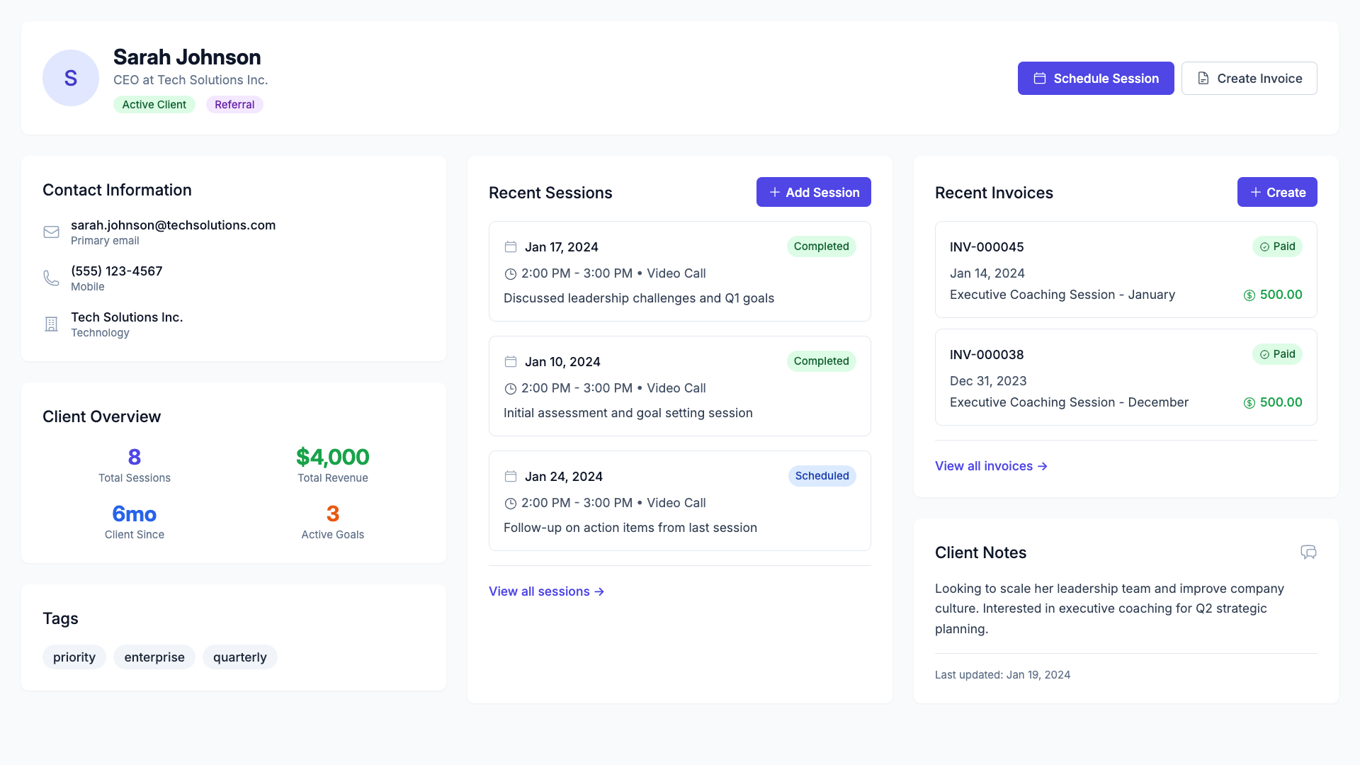 Client management interface showing organized client profiles and session tracking