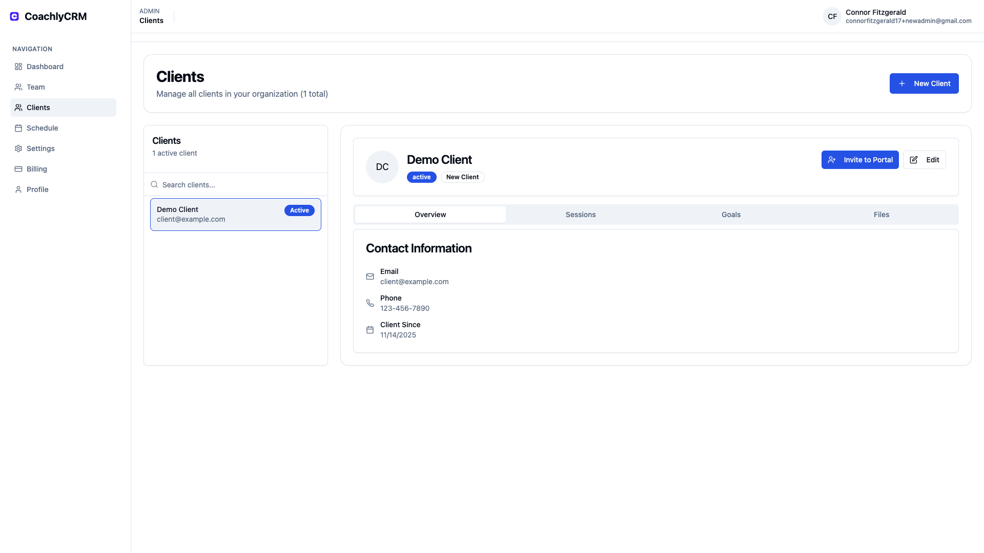 Client record showing goals, files, and notes