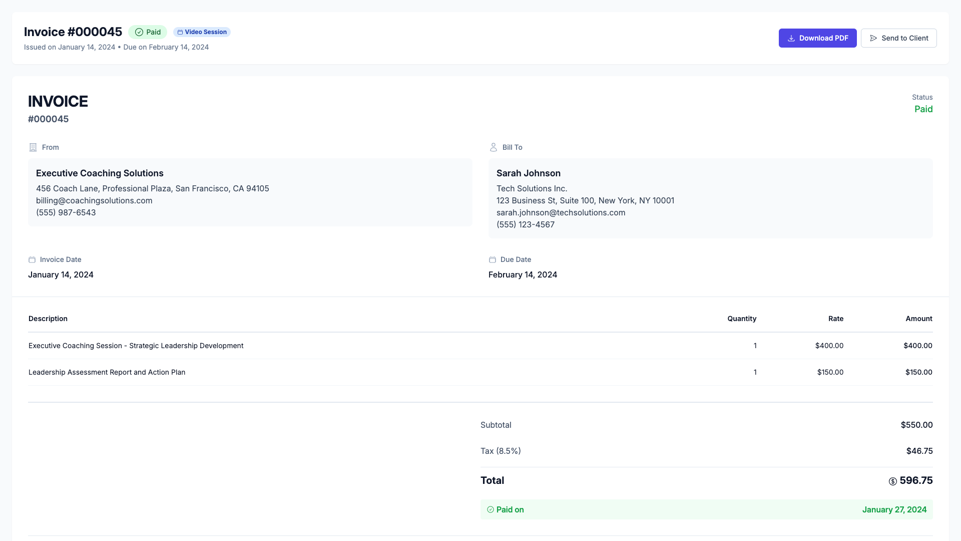 Professional invoice creation interface