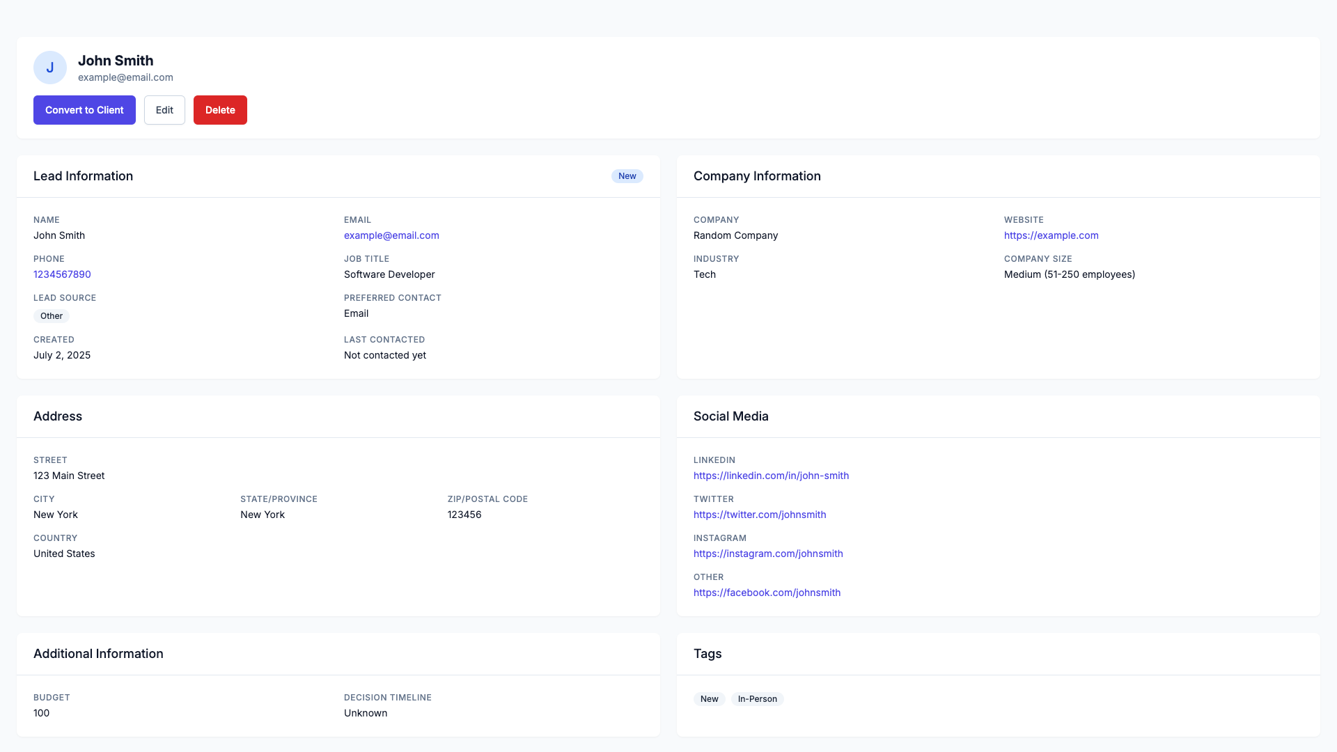 Lead management dashboard showing conversion pipeline