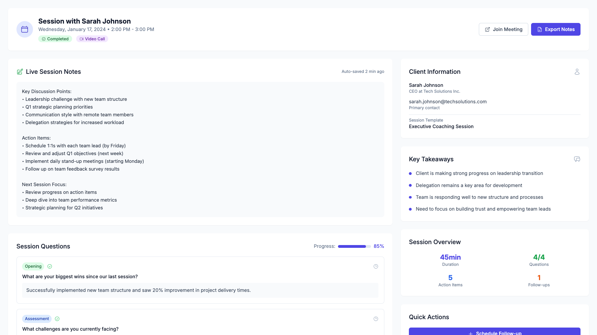 Session scheduling interface with calendar integration